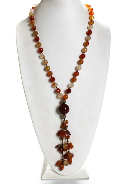 Designer Womens Brass Carved Agate Bead Strand Necklace 34"