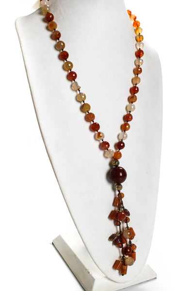 Designer Womens Brass Carved Agate Bead Strand Necklace 34"