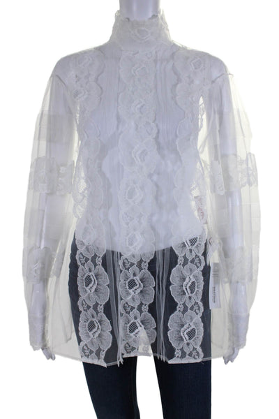 Valentino Womens White Tulle Floral Lace High Neck Long Sleeve Blouse Top Size38