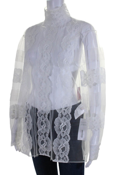 Valentino Womens White Tulle Floral Lace High Neck Long Sleeve Blouse Top Size38