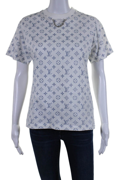 Louis Vuitton Womens Cotton White Navy Monogram Chain Detail Tee Top Size XS