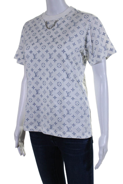 Louis Vuitton Womens Cotton White Navy Monogram Chain Detail Tee Top Size XS