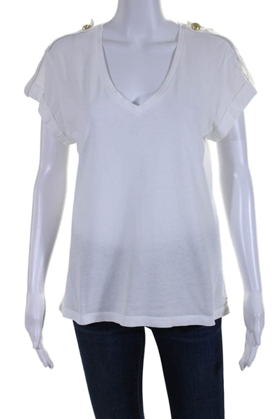 Derek Lam 10 Crosby Womens Cotton White V-Neck Button Detail Tee Top Size S