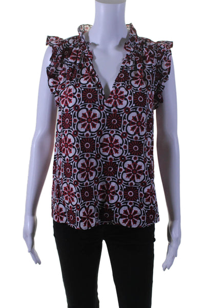 Xirena Womens Abstract Print Short Sleeves Blouse Red Black Cotton Size Small