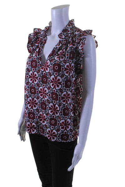 Xirena Womens Abstract Print Short Sleeves Blouse Red Black Cotton Size Small