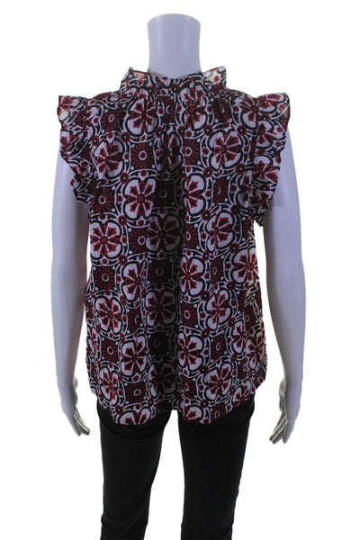 Xirena Womens Abstract Print Short Sleeves Blouse Red Black Cotton Size Small