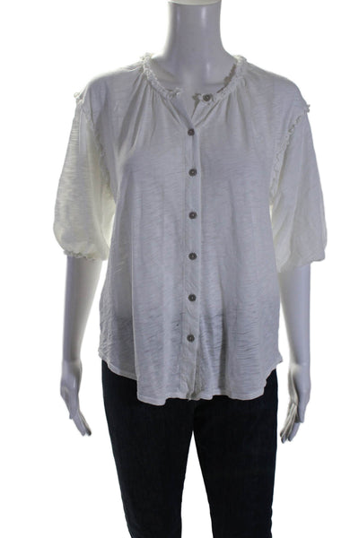 Goldie Womens 3/4 Sleeves Ruffled Neck Button Down Shirt White Size Small