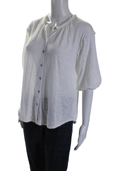 Goldie Womens 3/4 Sleeves Ruffled Neck Button Down Shirt White Size Small