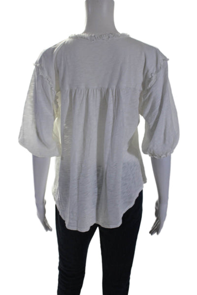 Goldie Womens 3/4 Sleeves Ruffled Neck Button Down Shirt White Size Small