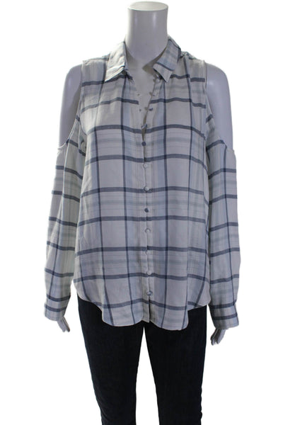 Paige Black Label Womens Plaid Button Down Shirt White Blue Size Medium