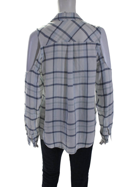 Paige Black Label Womens Plaid Button Down Shirt White Blue Size Medium