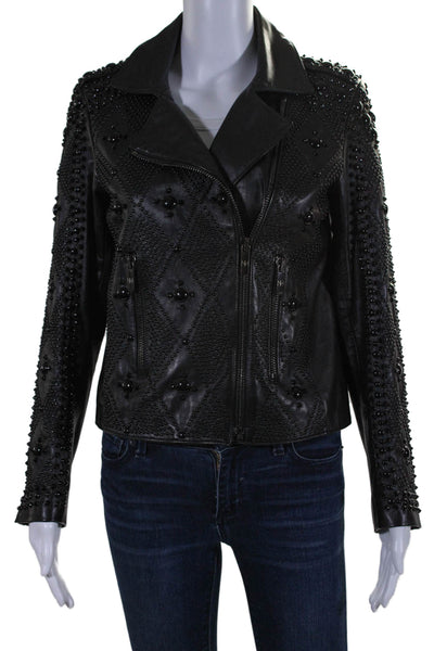 Nour Hammour Womens Black Leather Studded Embellished Motorcycle Jacket Size 38