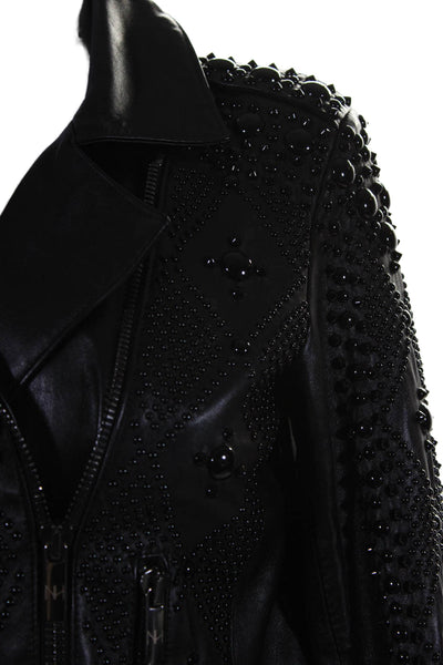 Nour Hammour Womens Black Leather Studded Embellished Motorcycle Jacket Size 38