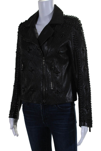 Nour Hammour Womens Black Leather Studded Embellished Motorcycle Jacket Size 38