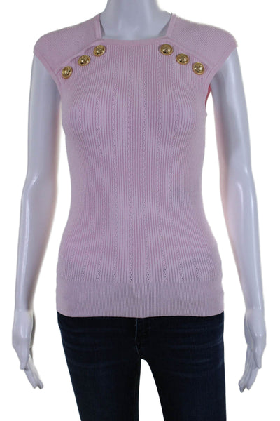 Balmain Womens Pink Button Detail Square Neck Cap Sleeve Blouse Top Size 40