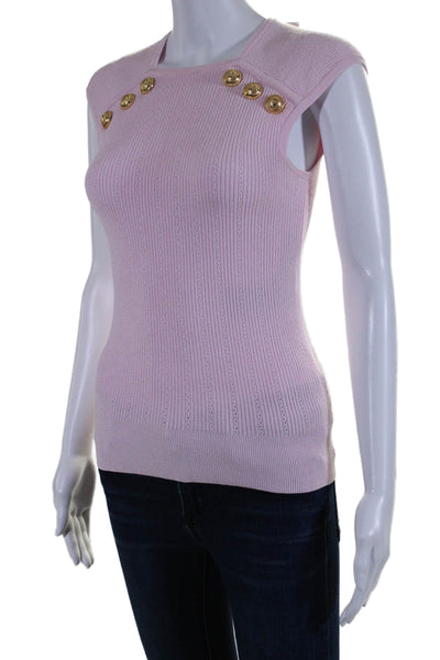 Balmain Womens Pink Button Detail Square Neck Cap Sleeve Blouse Top Size 40