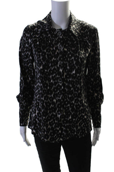 Tuleh Womens Button Front Long Sleeve Silk Leopard Print Shirt Black Gray Small