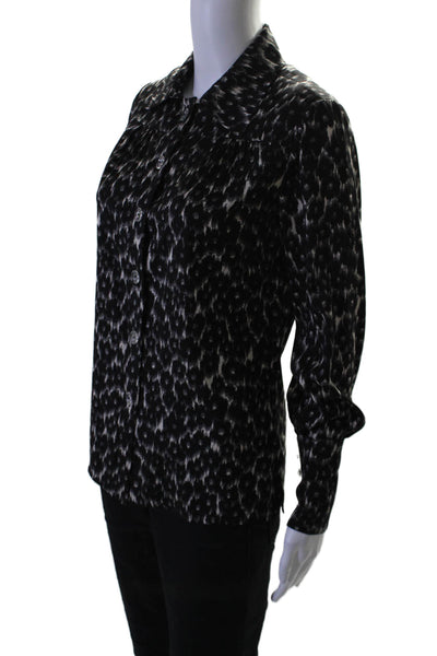 Tuleh Womens Button Front Long Sleeve Silk Leopard Print Shirt Black Gray Small