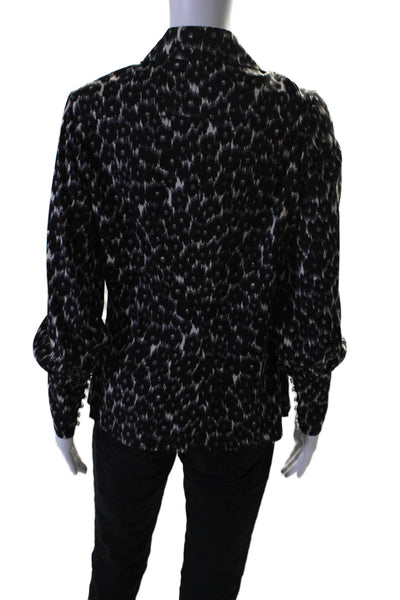 Tuleh Womens Button Front Long Sleeve Silk Leopard Print Shirt Black Gray Small