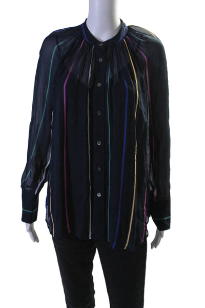 Derek Lam 10 Crosby Womens Button Front Crew Neck Striped Silk Top Navy Size 8