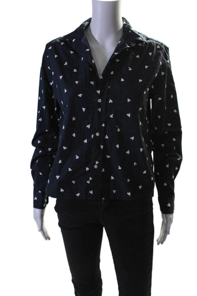 Frank & Eileen Womens Button Front Collared Heart Shirt Navy White Size XS