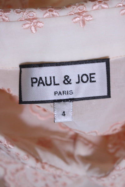 Paul & Joe Womens Eyelet Trim Short Sleeves Button Down Shirt Pink Cotton Size 4