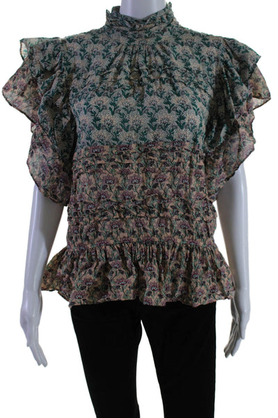 Let Me Be Womens Cotton V-neck Short Sleeve Floral Ruffle Blouse Pink Size S