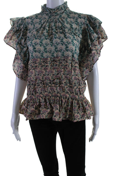 Let Me Be Womens Cotton V-neck Short Sleeve Floral Ruffle Blouse Pink Size S