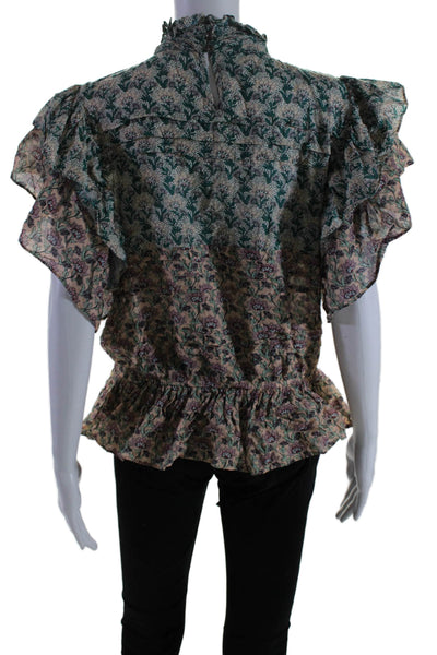 Let Me Be Womens Cotton V-neck Short Sleeve Floral Ruffle Blouse Pink Size S