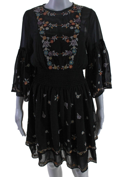 Maeve Anthropologie Womens Textured Embroidered Bell Sleeve Dress Black Size 4