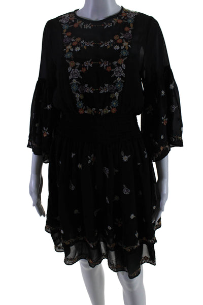 Maeve Anthropologie Womens Textured Embroidered Bell Sleeve Dress Black Size 4