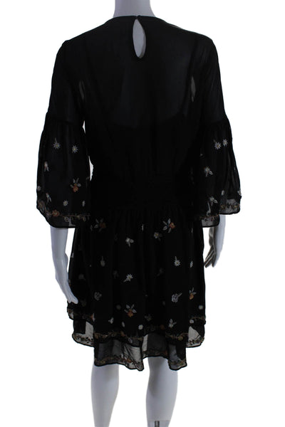 Maeve Anthropologie Womens Textured Embroidered Bell Sleeve Dress Black Size 4