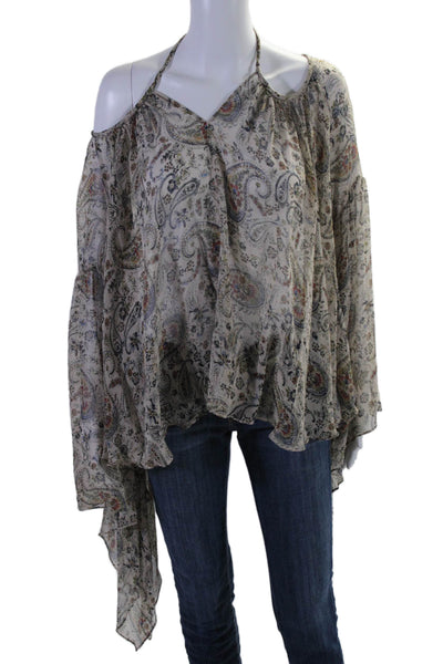 Plein Sud Womens Silk Paisley Round Neck Flare Sleeve Blouse Beige Size EUR 44