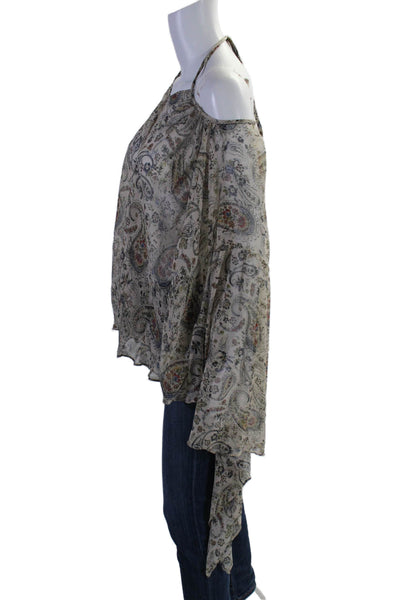 Plein Sud Womens Silk Paisley Round Neck Flare Sleeve Blouse Beige Size EUR 44