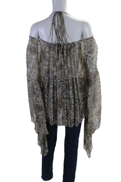 Plein Sud Womens Silk Paisley Round Neck Flare Sleeve Blouse Beige Size EUR 44