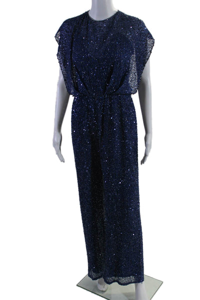 Jenny Packham Womens Silk Embroidered Sequined Ruched Jumpsuit Blue Size 6