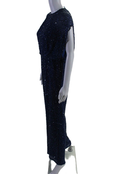 Jenny Packham Womens Silk Embroidered Sequined Ruched Jumpsuit Blue Size 6