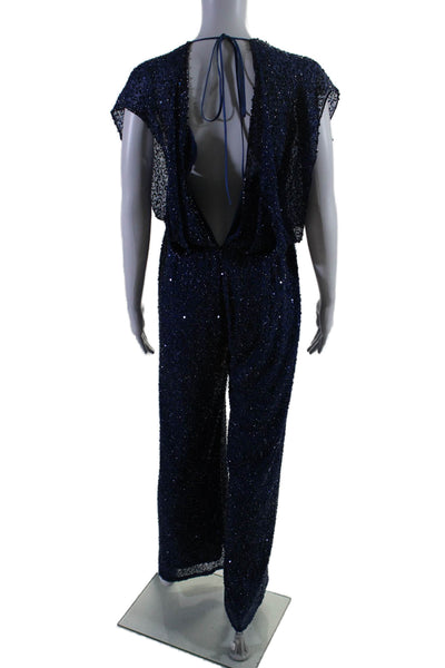 Jenny Packham Womens Silk Embroidered Sequined Ruched Jumpsuit Blue Size 6