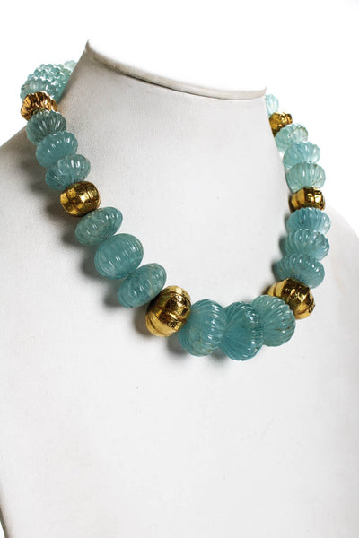 Designer Womens 20kt Yellow Gold + Carved Aquamarine Bead Necklace 18"