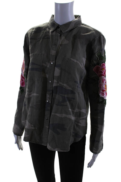 Rails Womens Button Front Embroidered Floral Camouflage Shirt Brown Size Small