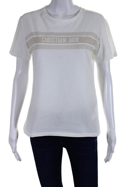 Christian Dior Womens Cotton White Gold Graphic Print Crew Neck Tee Top Size M