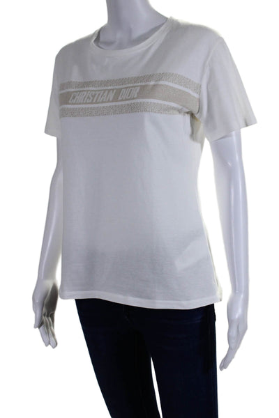 Christian Dior Womens Cotton White Gold Graphic Print Crew Neck Tee Top Size M