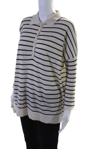 Tuckernuck Womens Linen V-neck Button Stripped Long Sleeve Sweater Cream Size XS