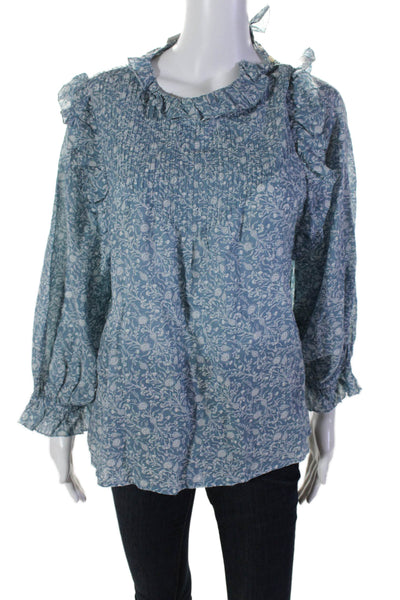 Doen Womens Cotton Floral Print Ruffled Flounce Sleeve Button Blouse Blue Size S