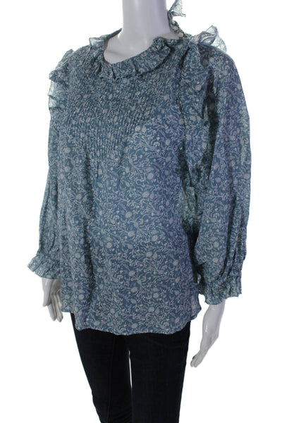 Doen Womens Cotton Floral Print Ruffled Flounce Sleeve Button Blouse Blue Size S