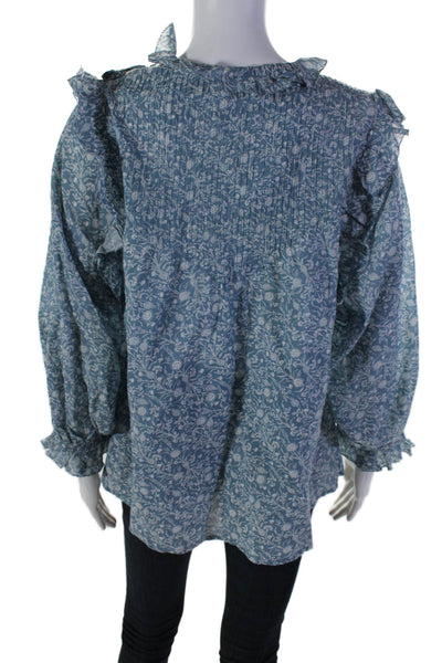 Doen Womens Cotton Floral Print Ruffled Flounce Sleeve Button Blouse Blue Size S