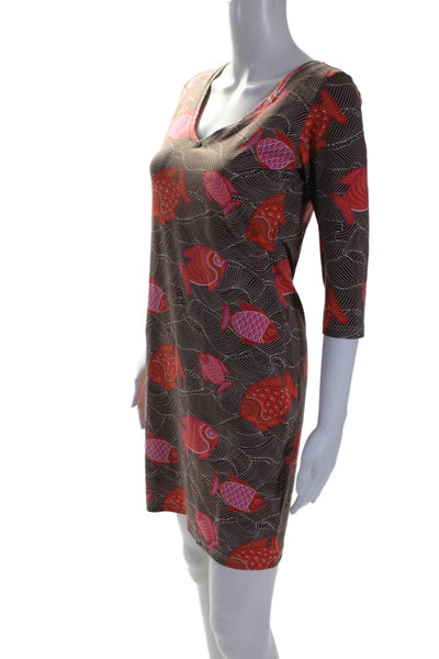 Manuel Canovas Womens V-neck Long Sleeve Fish Printed Dress Brown Size 6