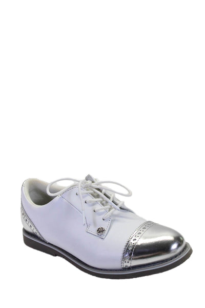 G/Fore Womens Lace Up Metallic Cap Toe Oxfords White Silver Leather Size 5.5