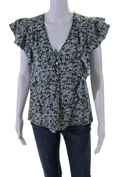 Veronica Beard Womens Cotton Blue Printed Ruffle V-neck Blouse Top Size 10