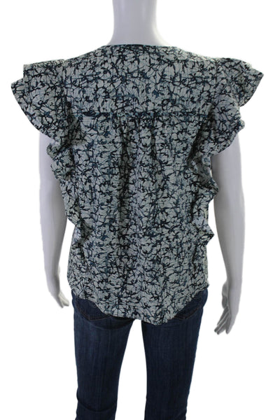 Veronica Beard Womens Cotton Blue Printed Ruffle V-neck Blouse Top Size 10